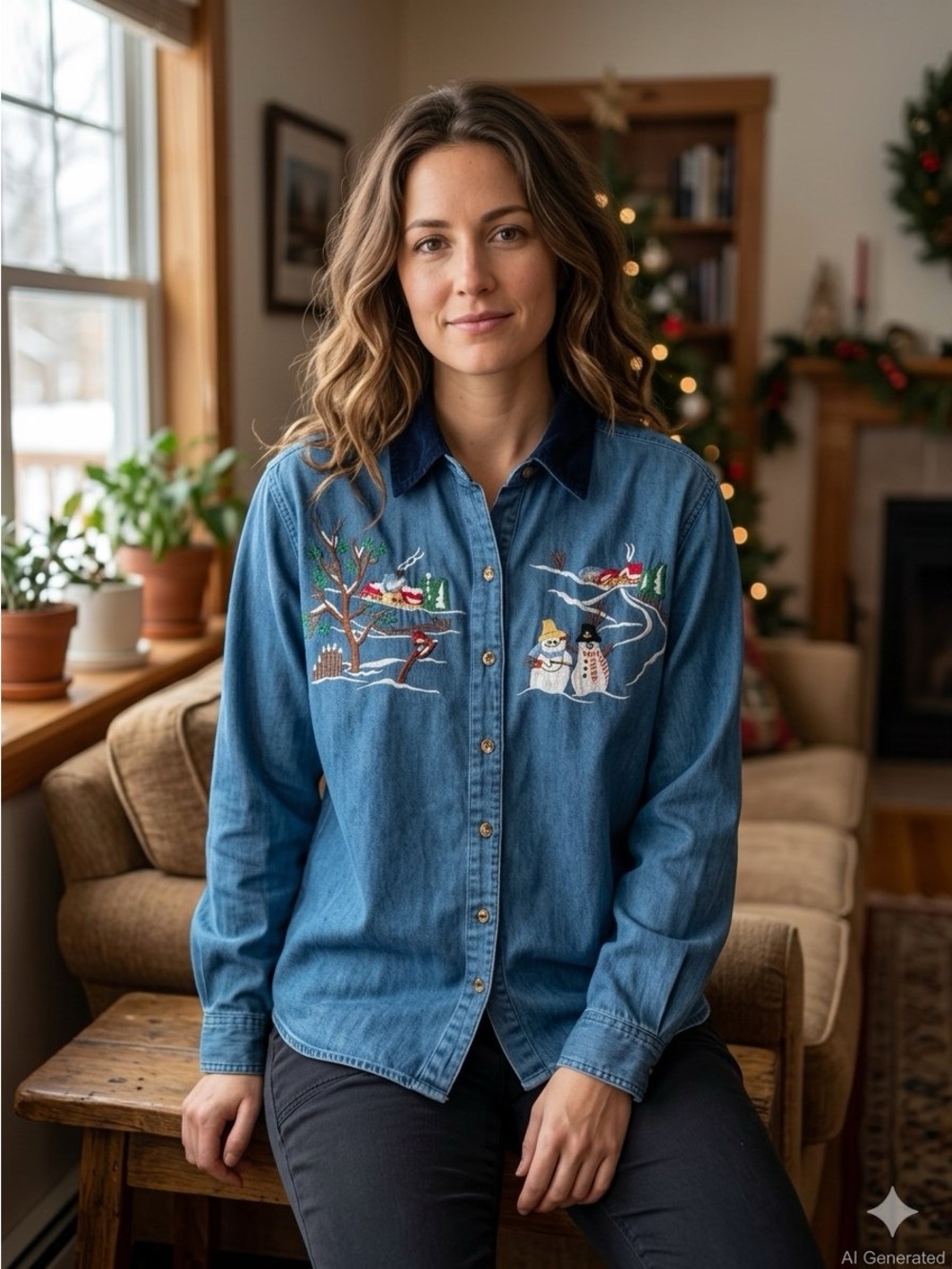 Casey & Max Vintage Embroidered Christmas Denim Shirt Snowman L